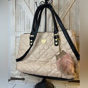 Betsey Johnson Cream Quilted Heart Shoulder Bag with Black Straps